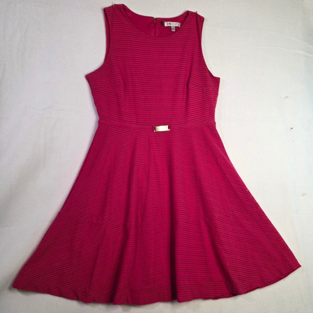 Jennifer‎ Lopez Magenta Pink Eyelet Fit and Flare Dress Gold Bar Waist Womens 6